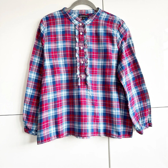 J.Crew Mercantile Plaid Flannel Shirt Ruffle Mandarin collar Size Large Red Blue - Picture 1 of 10